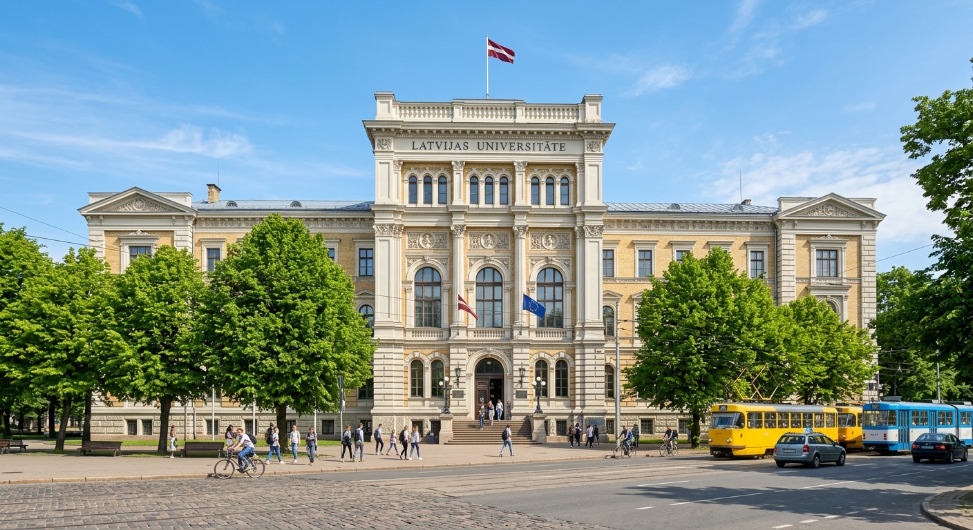 University of Latvia historic main building on Raina Boulevard, neoclassical architecture, green trees lining the boulevard, sunny day in Riga