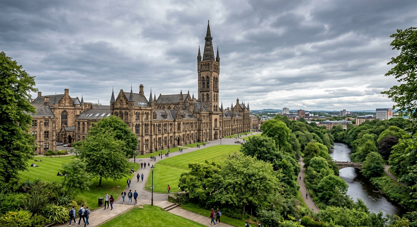 University of Glasgow Gilmorehill campus wide shot featuring the iconic Gilbert Scott Building with its Gothic Revival tower, green lawns in foreground, cloudy Scottish sky, River Kelvin visible nearby