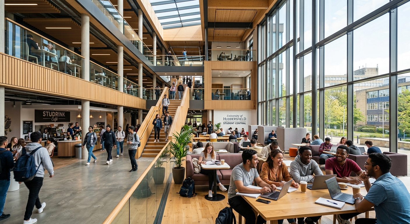 Student Central building at University of Huddersfield, modern interior with open-plan social spaces, students studying and socialising, bright natural lighting