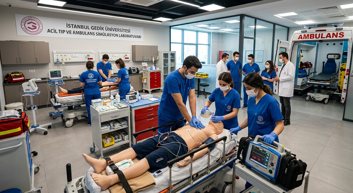 Modern emergency medical simulation laboratory at Istanbul Gedik University with paramedic students practicing on medical mannequins, ambulance stretchers, defibrillators, and monitoring equipment under bright clinical lighting