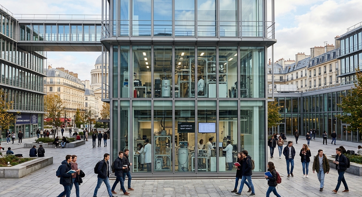 Sorbonne University Jussieu Campus in Paris Latin Quarter, modern science building with glass facade, students walking through courtyard, quantum computing laboratory visible through windows, Parisian architecture in background