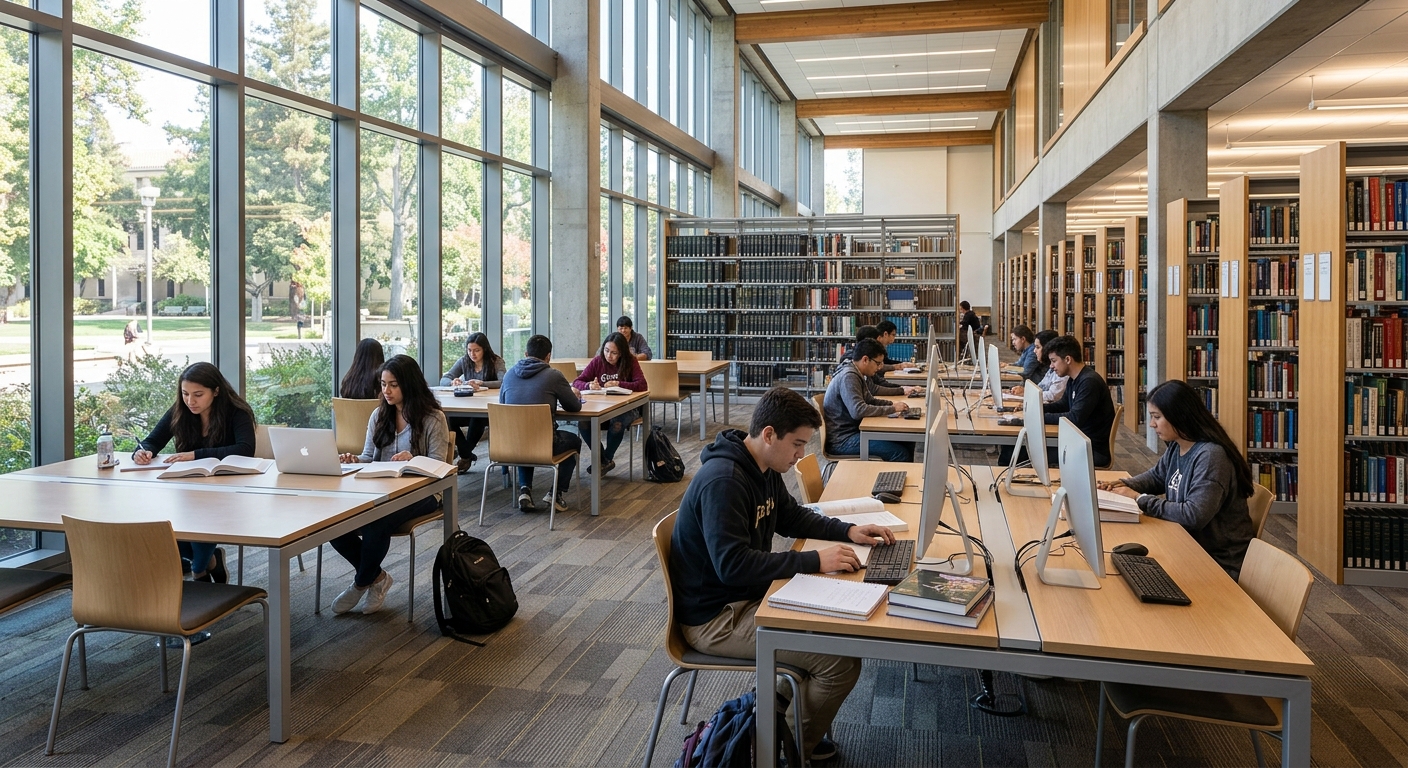 University library interior with rows of bookshelves, modern study desks with computers, large windows letting in natural light, students studying quietly