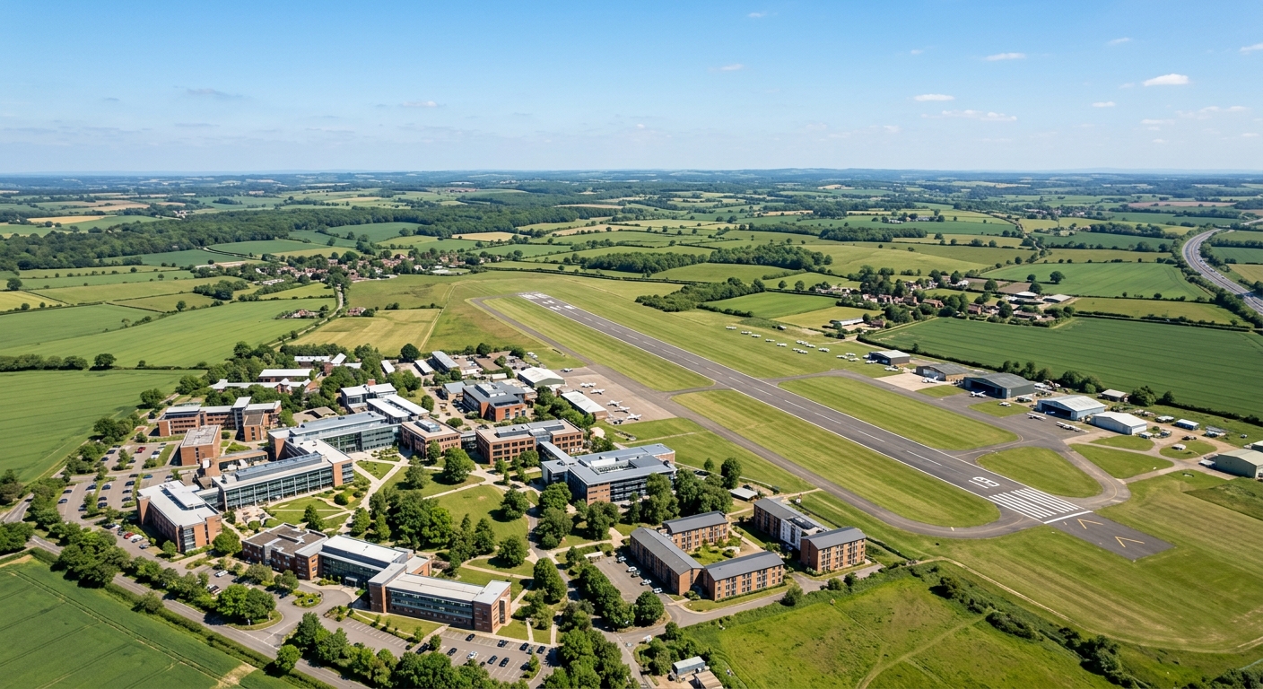 Cranfield University campus aerial view showing green countryside setting, historic airfield runway, modern academic buildings, and Bedfordshire rural landscape under clear blue sky