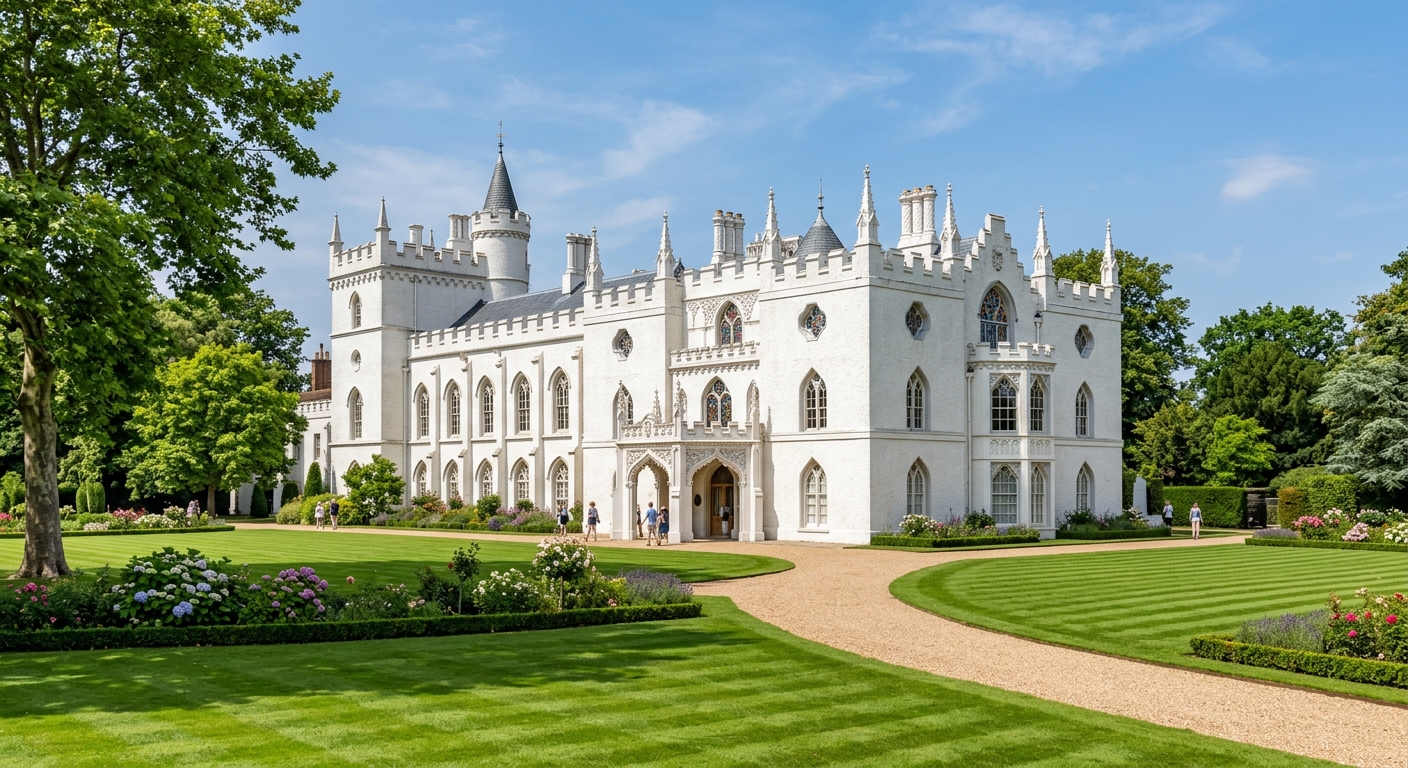 Strawberry Hill House at St Mary's University, an ornate neo-Gothic castle-like building with white walls and pointed arched windows surrounded by manicured green lawns