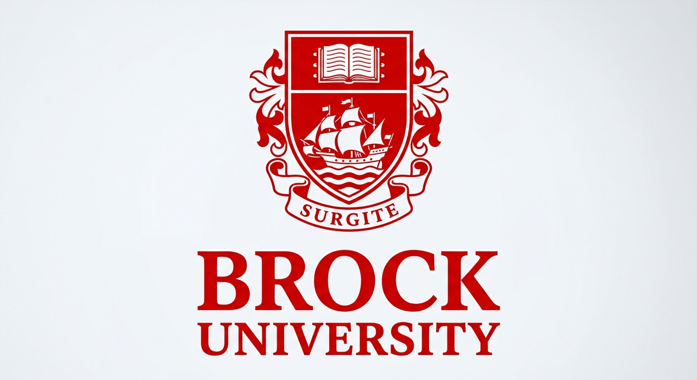 Brock University official logo featuring the university crest with a shield and the motto Surgite, in red and white colors