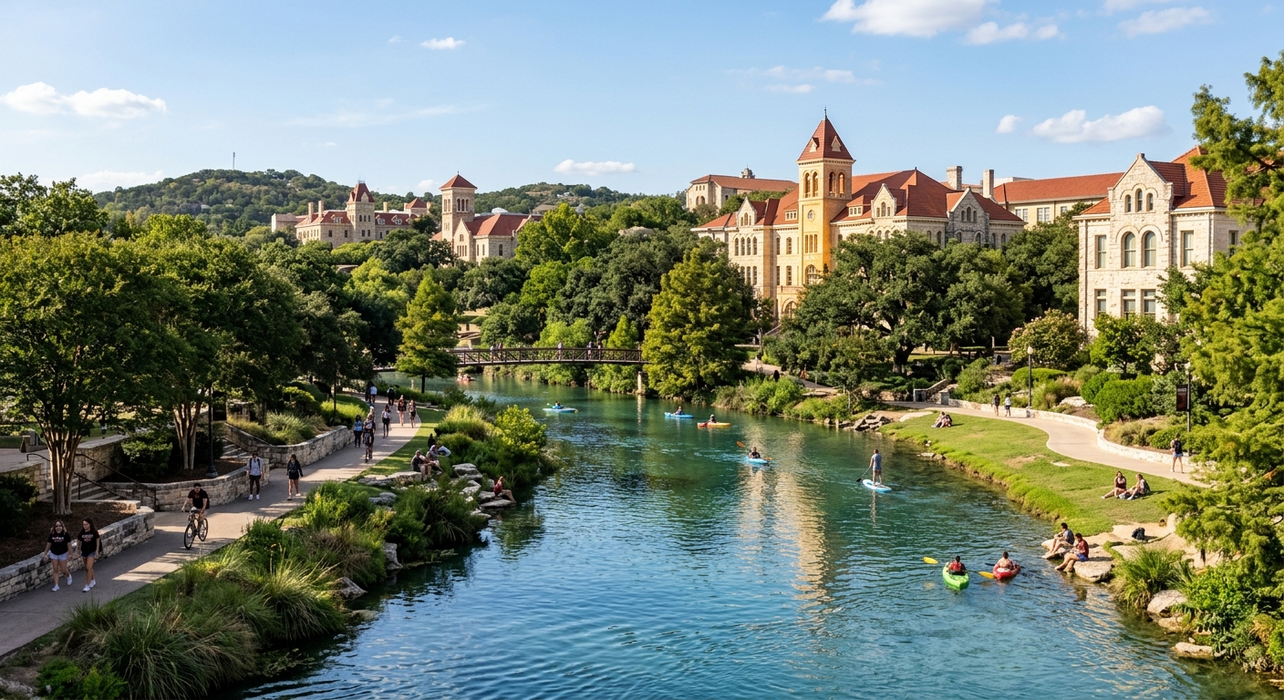Texas State University campus in San Marcos with limestone buildings, lush green trees, and the San Marcos River flowing through campus on a sunny day