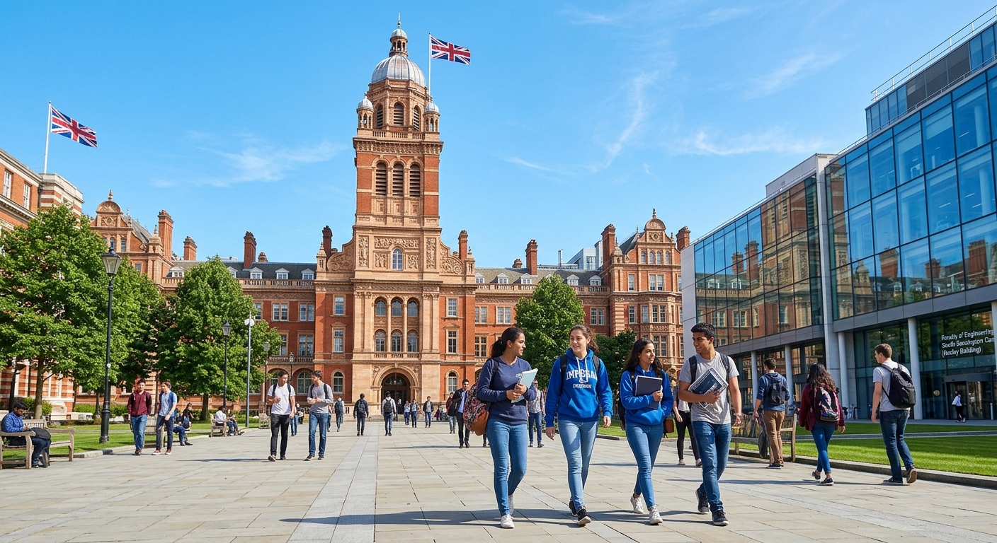 Imperial College London South Kensington campus, grand Victorian architecture with the Queen's Tower, engineering students walking across campus grounds, modern glass buildings in the background, clear London sky