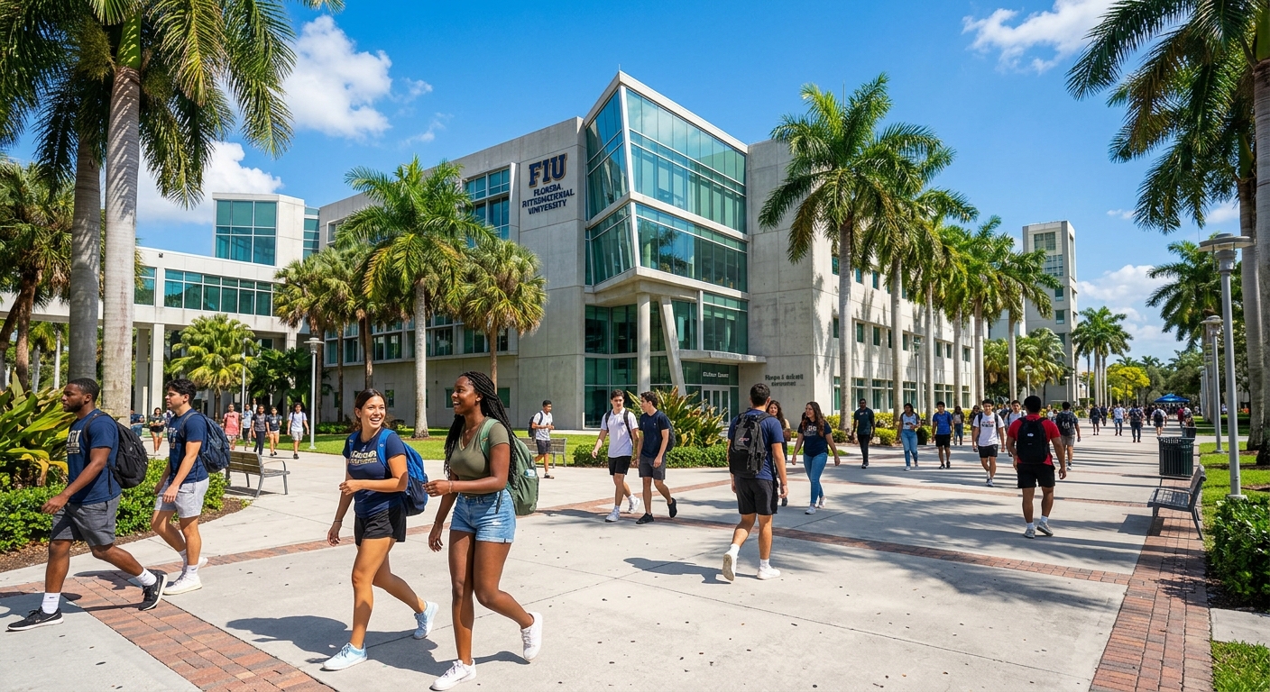 Florida International University campus in Miami with modern academic buildings, palm trees, and diverse students walking along sunny pathways, blue sky background
