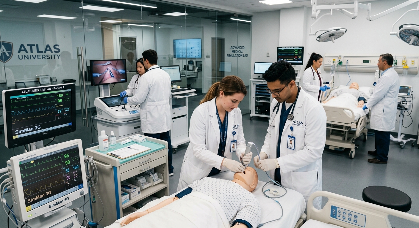 Atlas University high-tech medical simulation laboratory, students in white coats practicing on medical equipment, modern clinical training environment