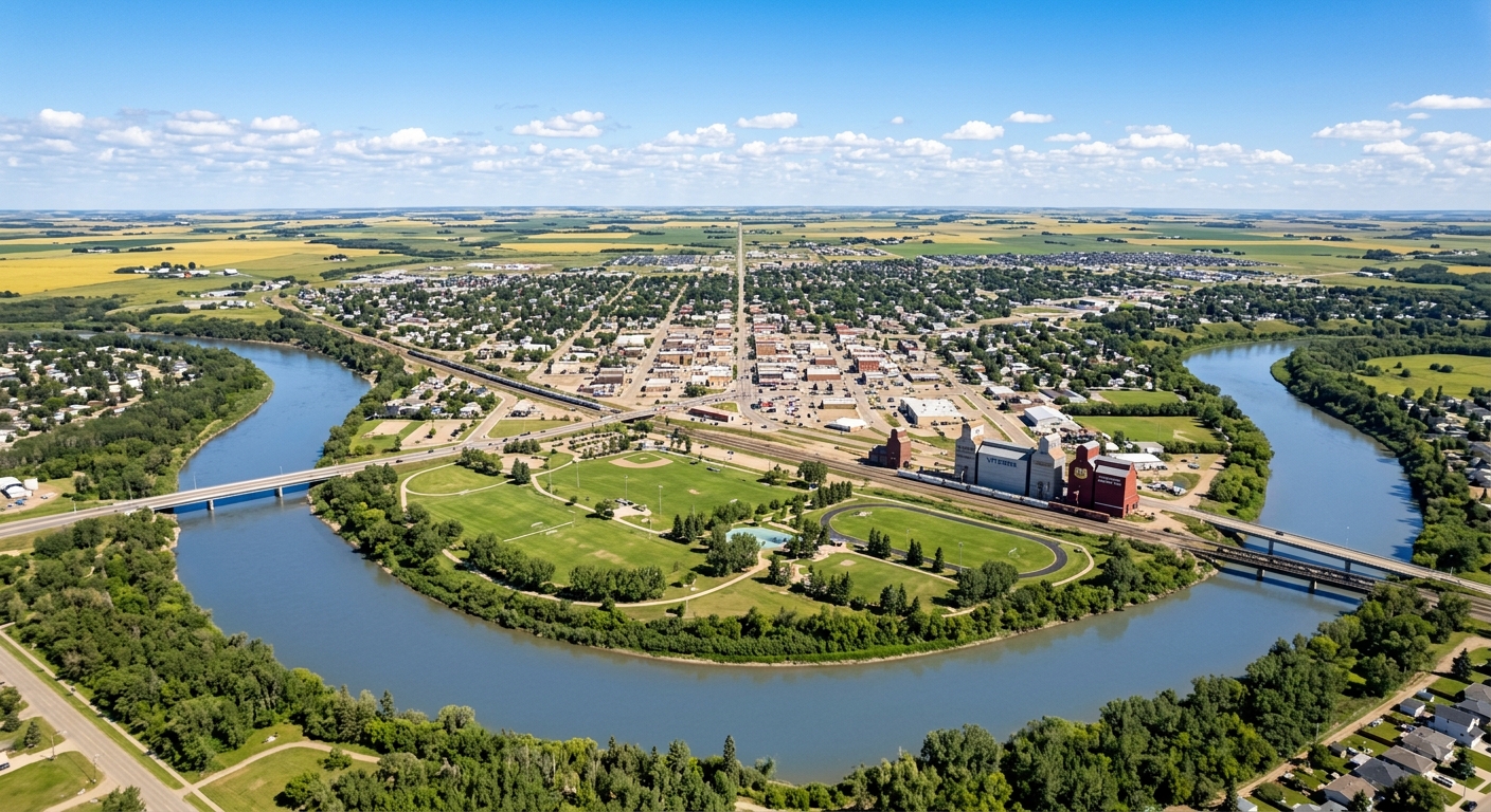 Aerial view of North Battleford Saskatchewan, North Saskatchewan River winding through the city, prairie landscape, grain elevators, Centennial Park green space, clear blue sky
