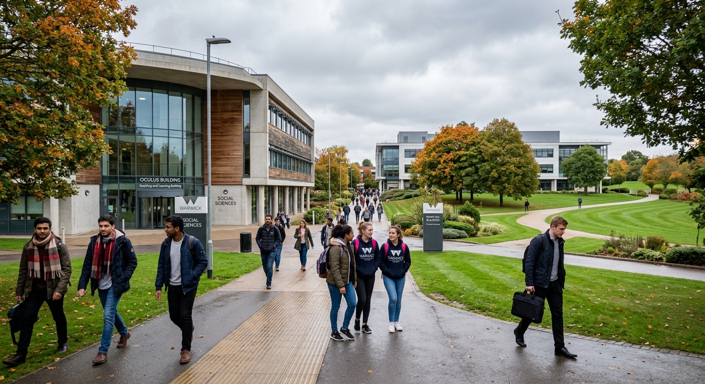 University of Warwick modern campus with students walking between contemporary Social Sciences buildings, green parkland surroundings, Coventry England, overcast British sky