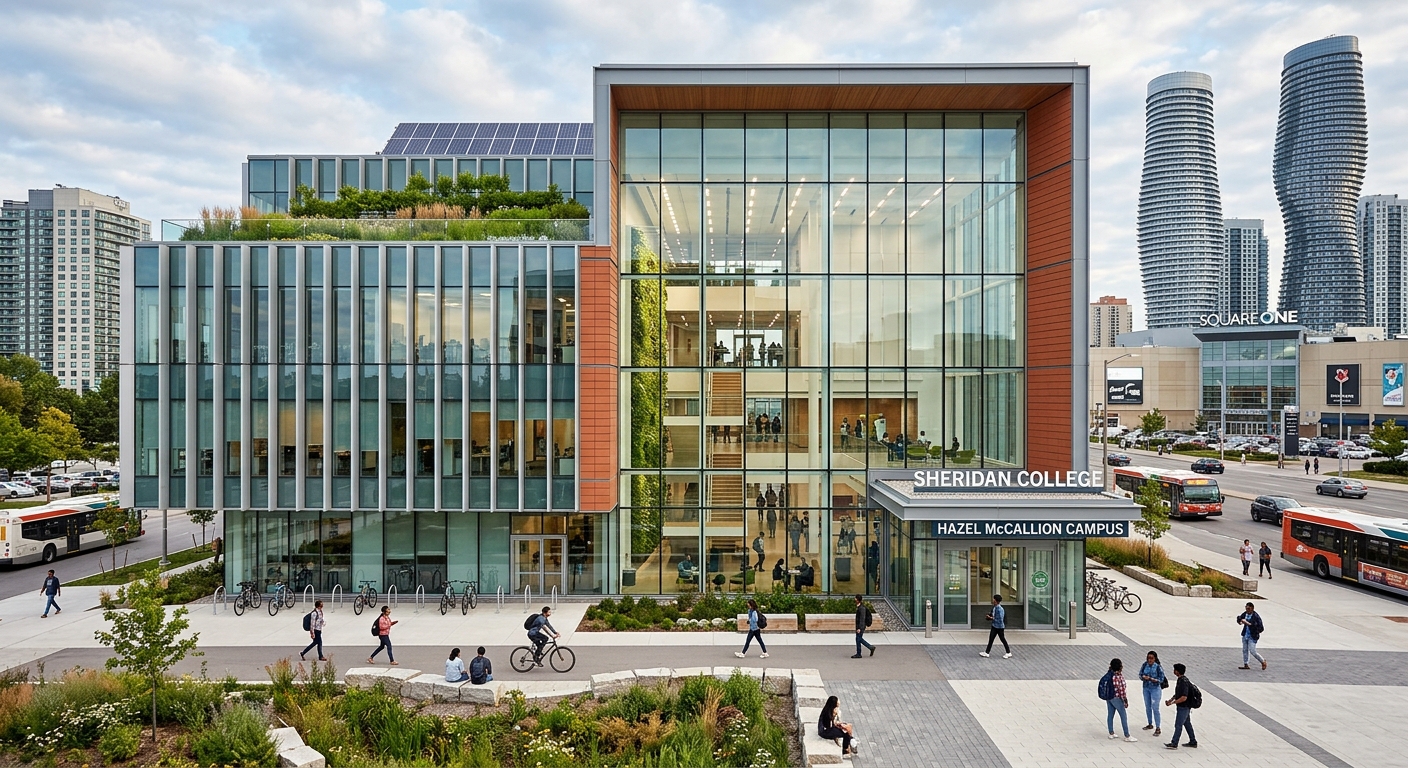 Sheridan College Hazel McCallion Campus Mississauga, LEED Gold certified modern building with sustainable design, glass atrium, urban city centre setting near Square One