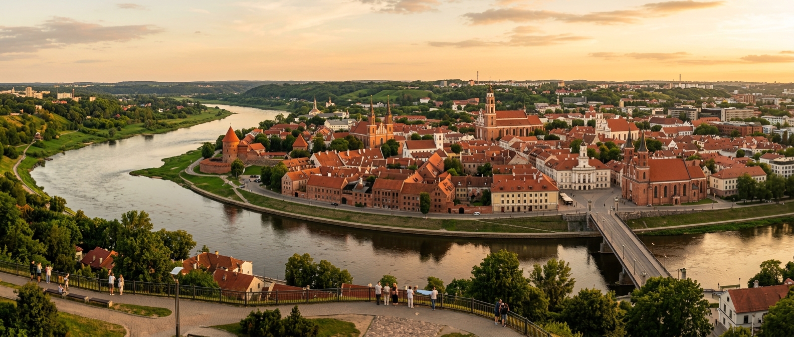 Panoramic view of Kaunas Old Town from Aleksotas Hill, Nemunas and Neris rivers confluence, red brick rooftops, church spires, green hills, golden hour light, Lithuania