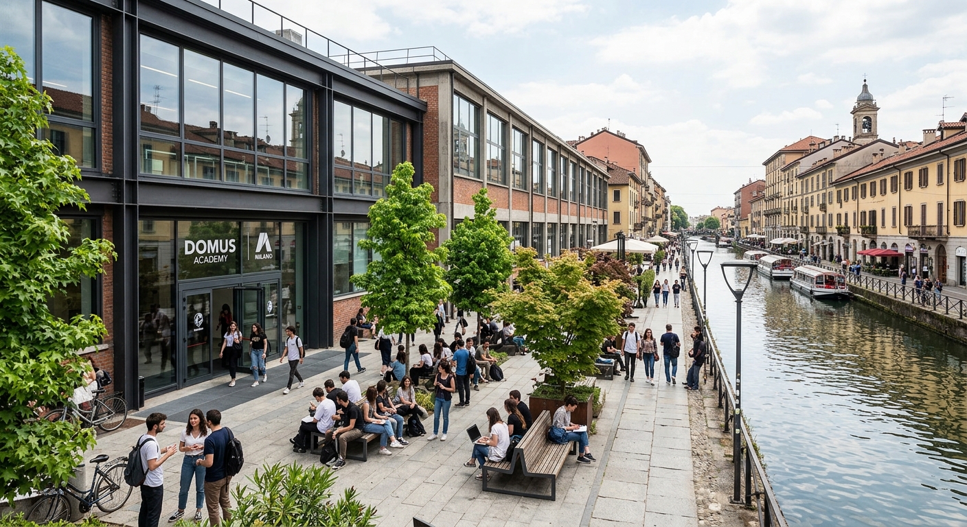 Domus Academy Milan campus exterior, modern industrial architecture with large glass facades, students gathered in a courtyard, Navigli canal district visible, green trees and urban Italian setting