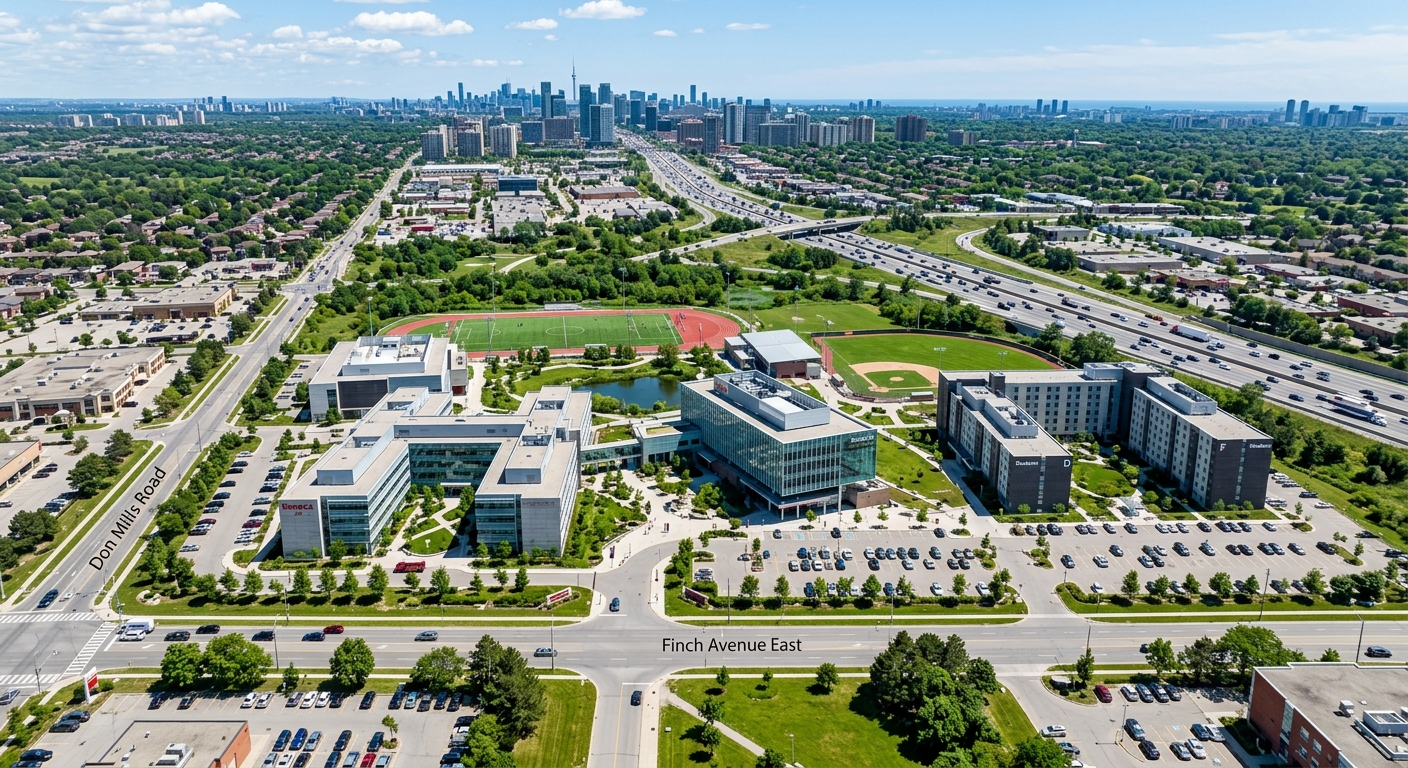 Aerial view of Seneca Polytechnic Newnham Campus in North York, modern glass and concrete buildings surrounded by green spaces, Highway 404 visible in background, bright sunny day