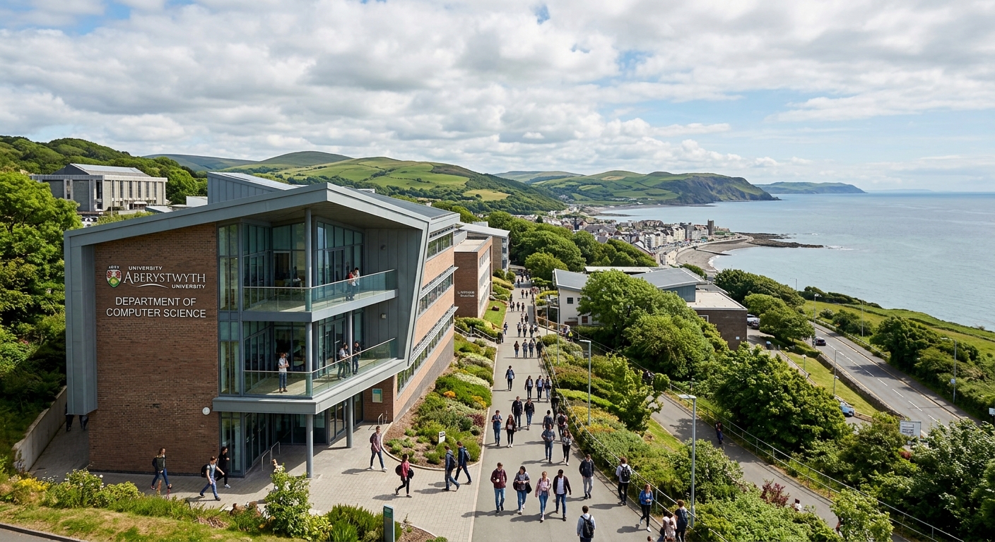 Aberystwyth University Penglais campus overlooking Cardigan Bay and the Welsh coastline, modern computer science building with students walking between lecture halls, green hills in the background under a partly cloudy sky