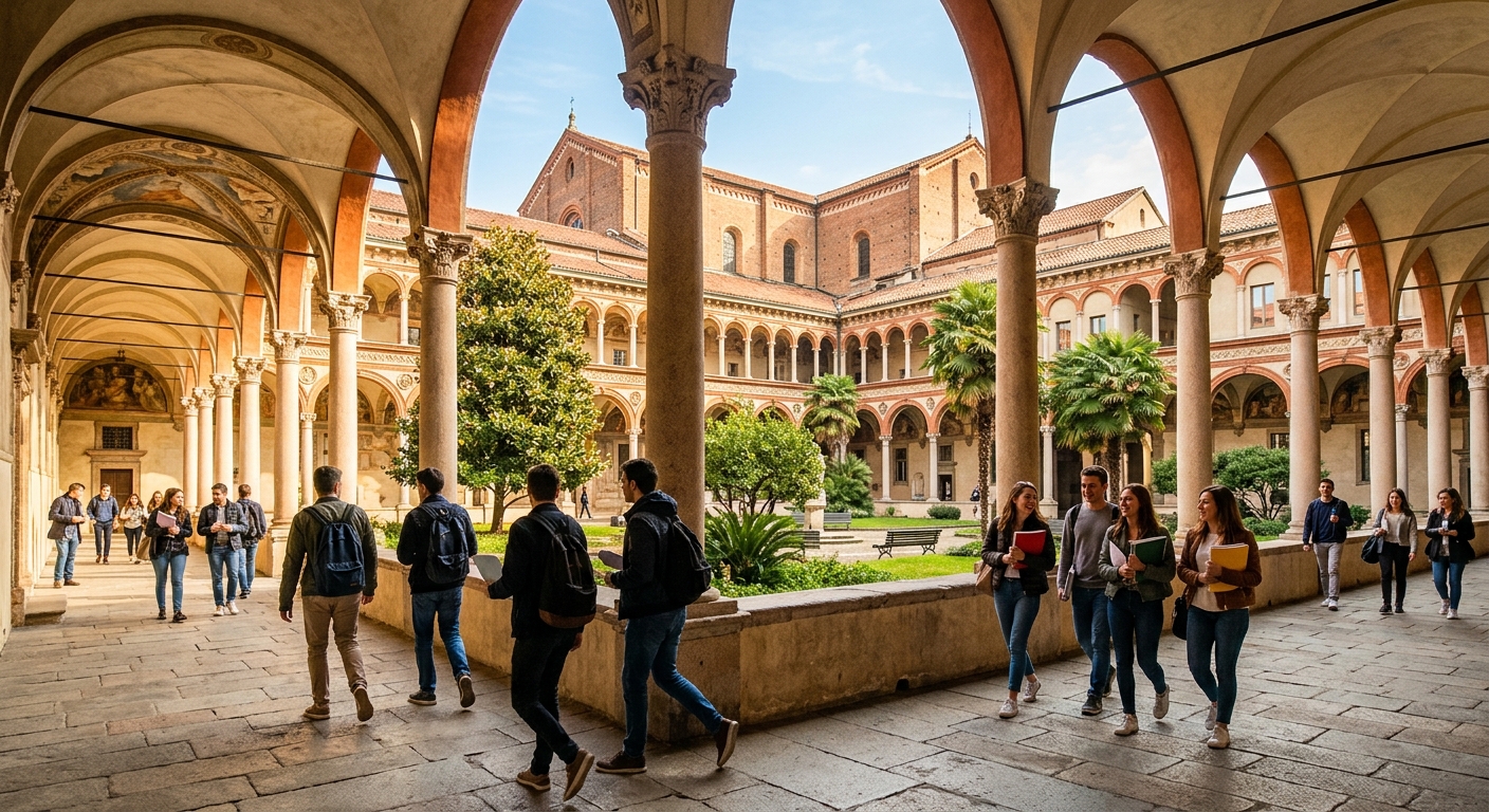 Historic Cistercian monastery campus of Università Cattolica del Sacro Cuore in Milan, elegant arched cloisters with students walking, warm Italian sunlight, Renaissance architecture blending with modern academic life