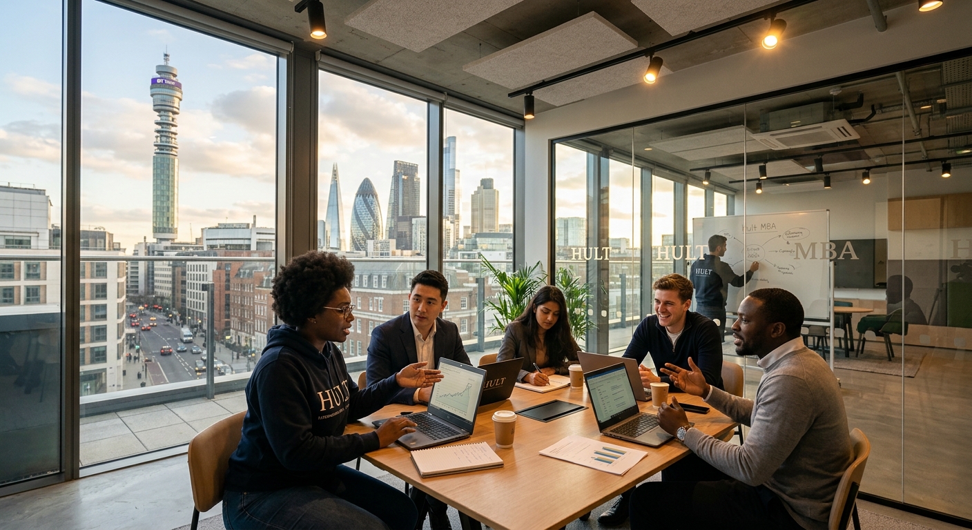 Modern Hult International Business School London campus in Bloomsbury, diverse MBA students collaborating in a contemporary glass-walled study space, city skyline visible through windows, warm lighting