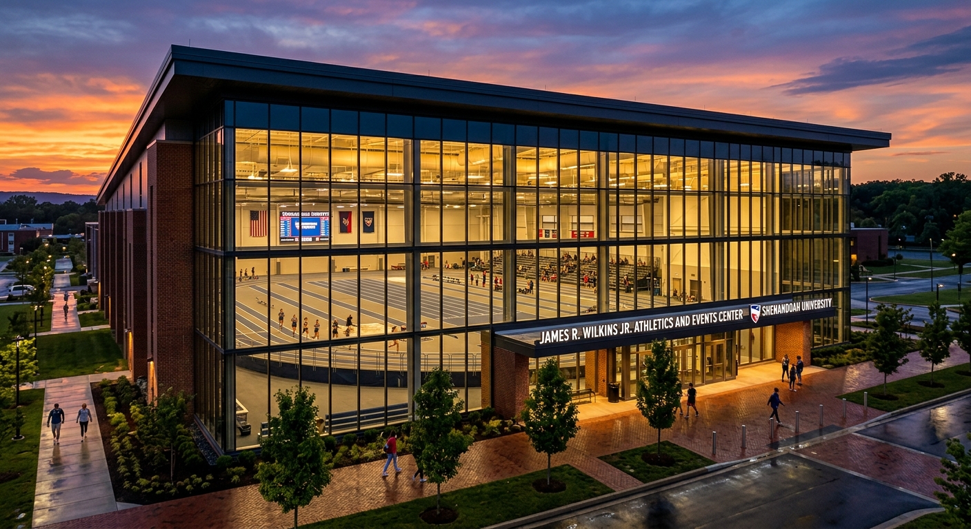 James R. Wilkins Jr. Athletics and Events Center at Shenandoah University, modern multipurpose arena with large glass windows, indoor track visible, warm evening lighting