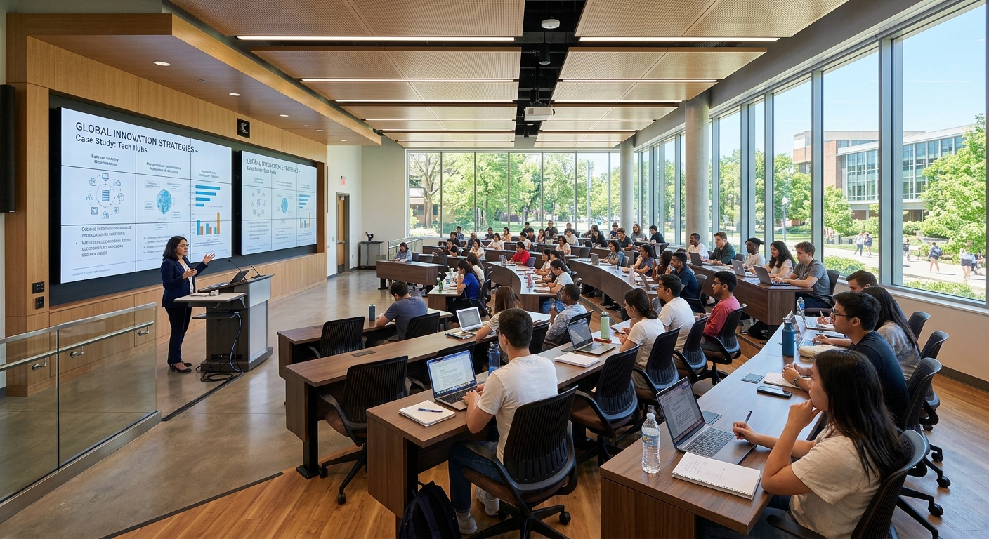 Bright modern classroom interior with rows of desks, large digital screens, natural light from floor-to-ceiling windows, students attending a lecture
