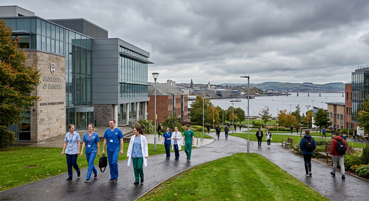 University of Dundee campus with modern health sciences building, Scottish cityscape along the River Tay in the background, healthcare professionals walking on campus paths, overcast sky typical of Scotland