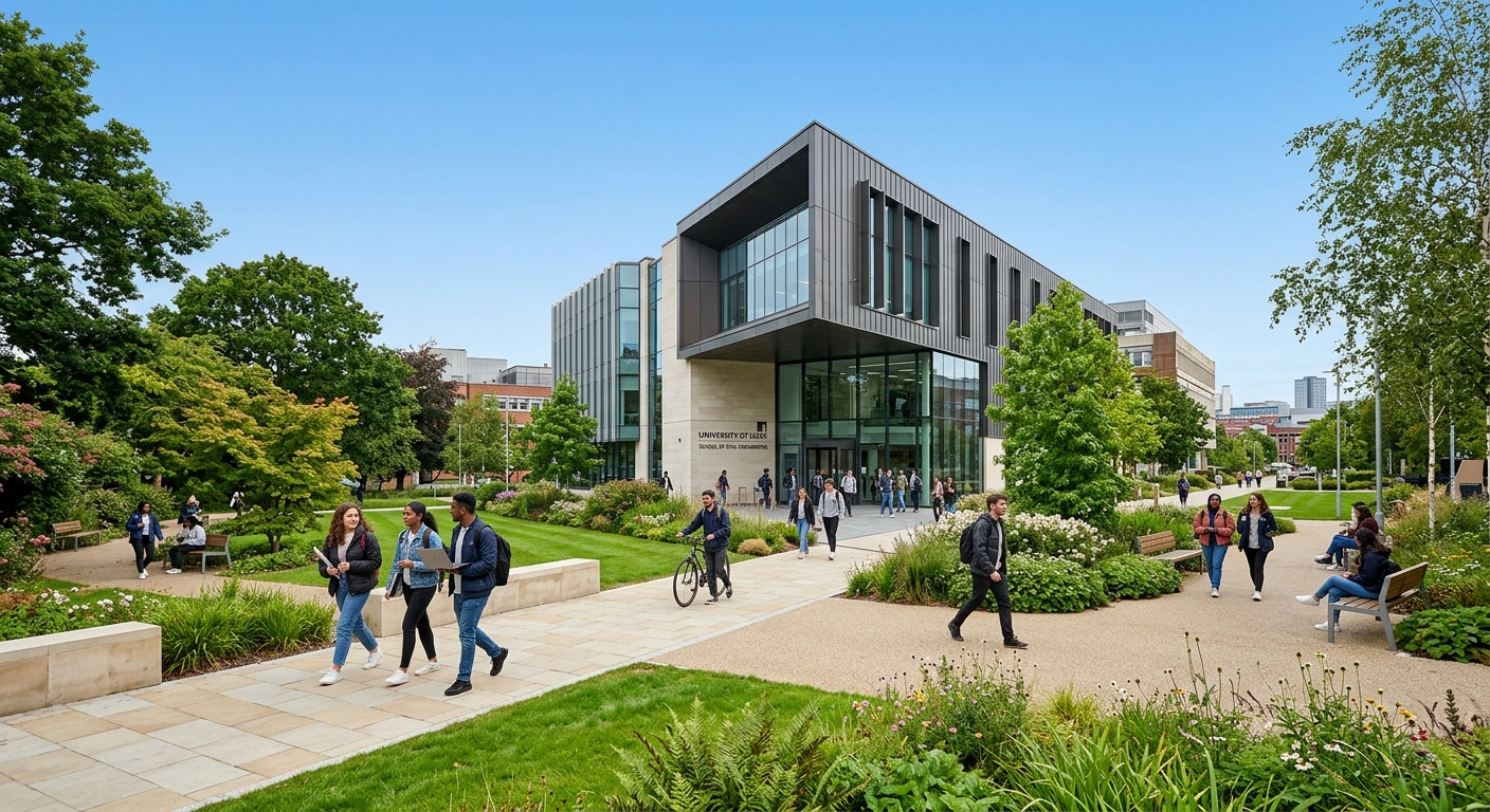 University of Leeds School of Civil Engineering campus building with modern architecture, green landscaped grounds, and students walking along pathways under a clear sky in Leeds, United Kingdom