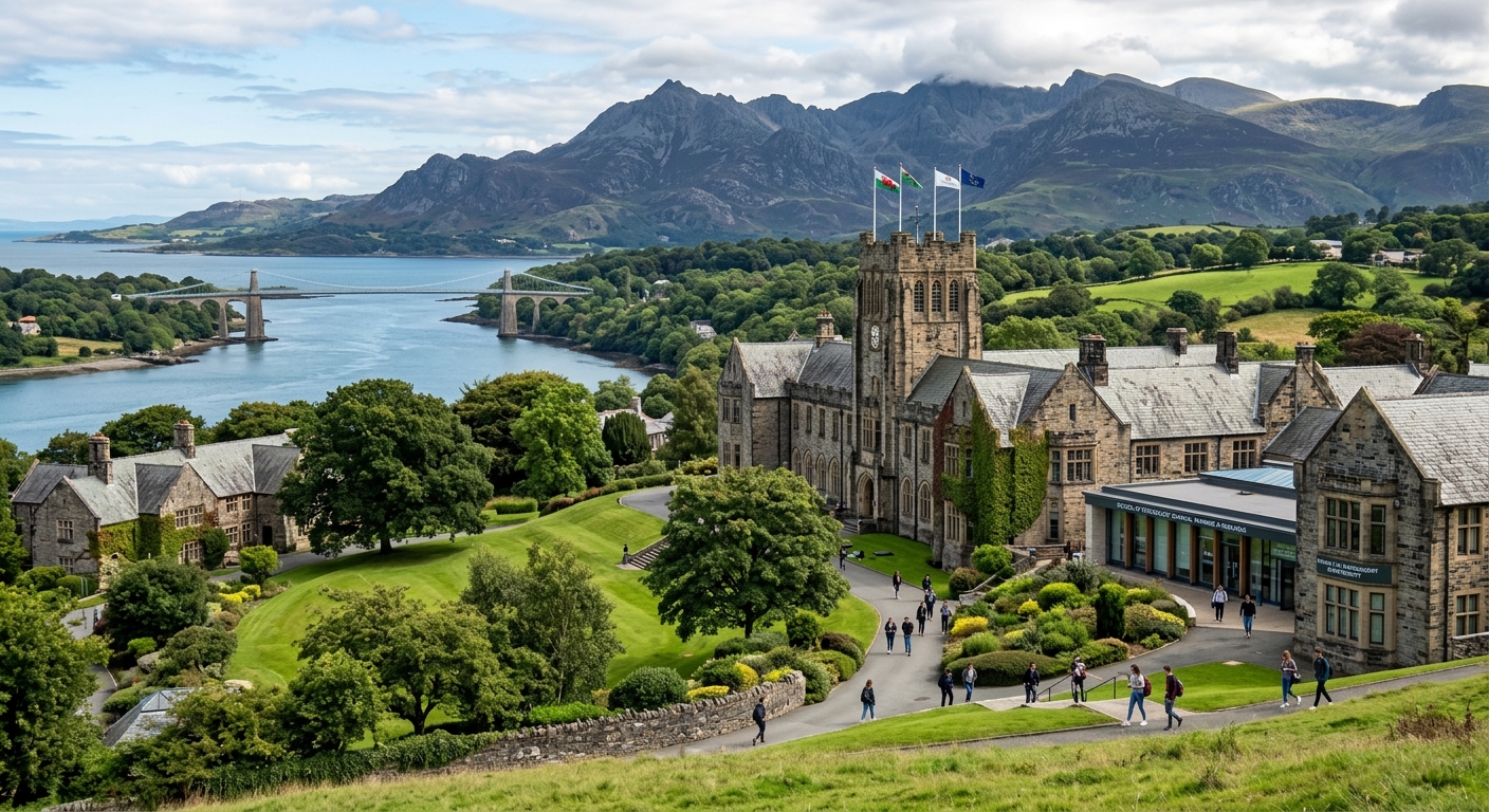 Bangor University campus nestled between the Snowdonia mountains and Menai Strait in North Wales, historic stone buildings surrounded by lush green landscape, clinical psychology training environment
