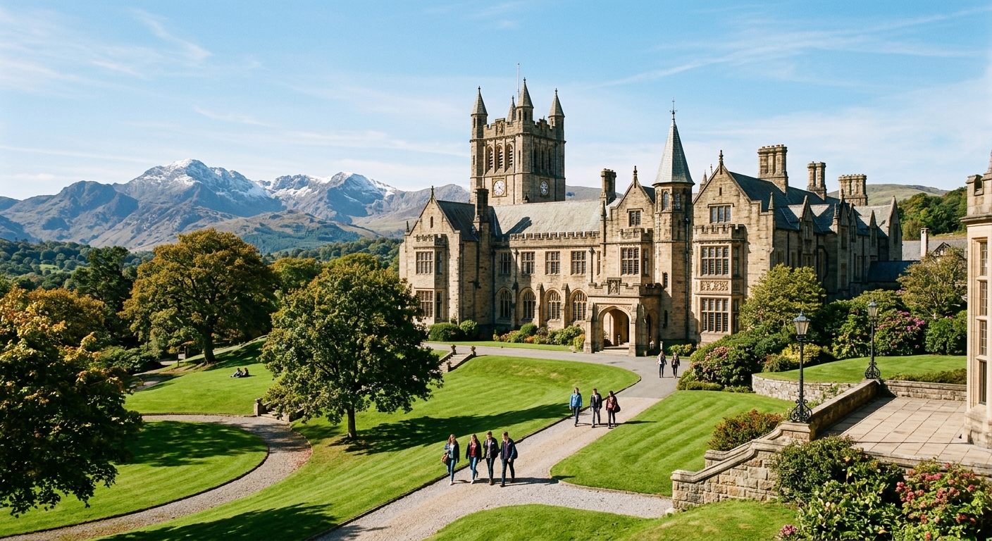 Bangor University historic main building with Snowdonia mountains in background, North Wales campus with green lawns and Victorian architecture under clear sky