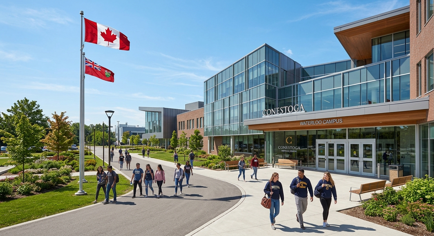 Modern college campus building at Conestoga College Waterloo with students walking along pathways, green landscaping, Canadian flag, clear sky, contemporary architecture with glass facades