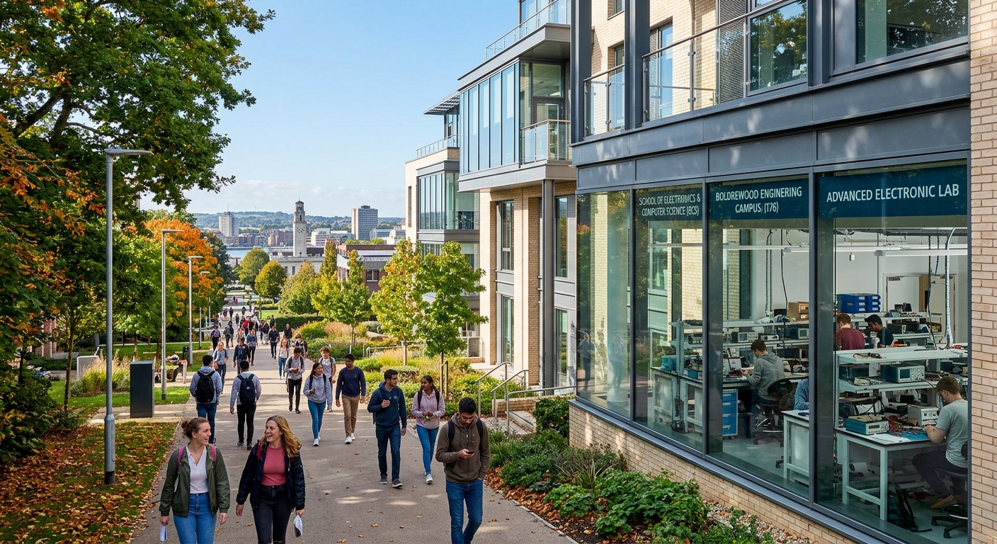 University of Southampton Highfield Campus with modern engineering buildings, students walking along tree-lined pathways, electronic engineering laboratory visible through glass windows, clear blue sky over Southampton cityscape