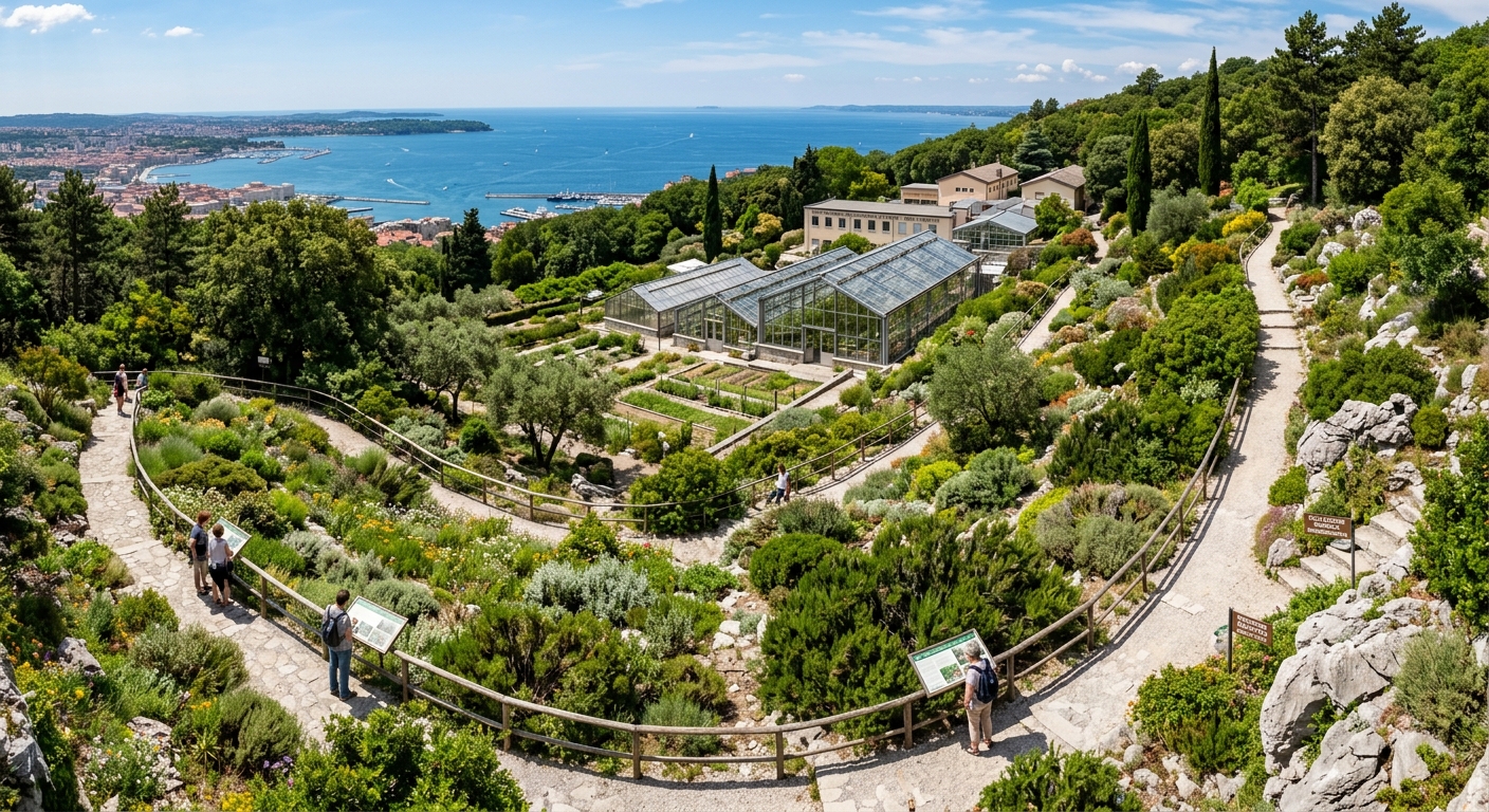 University of Trieste Botanical Garden on Mount Valerio, lush Mediterranean and Karst vegetation, winding paths through diverse plant collections, research greenhouses