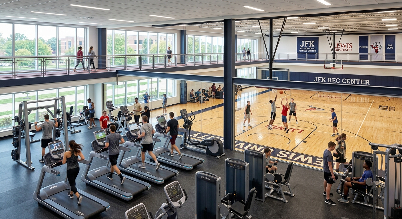 Lewis University JFK Recreation and Fitness Center interior, modern gym equipment, basketball court, students exercising, bright lighting