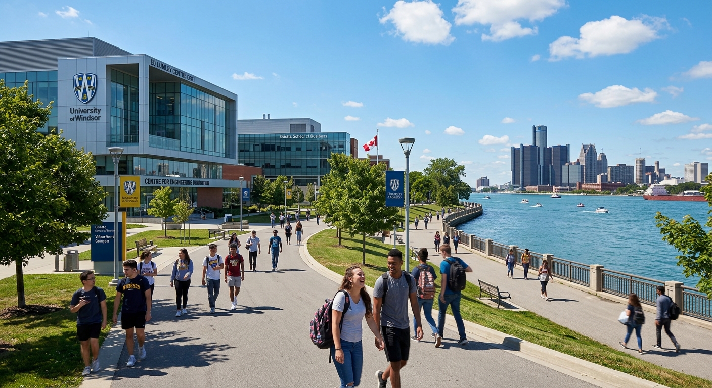 University of Windsor campus with modern academic buildings along the Detroit River waterfront, students walking on tree-lined pathways, clear blue sky over Windsor Ontario Canada