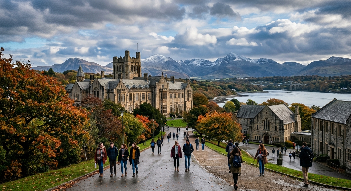 Historic Bangor University campus buildings with mountain backdrop of Snowdonia, students walking along tree-lined paths in North Wales, dramatic sky over the Menai Strait coastline
