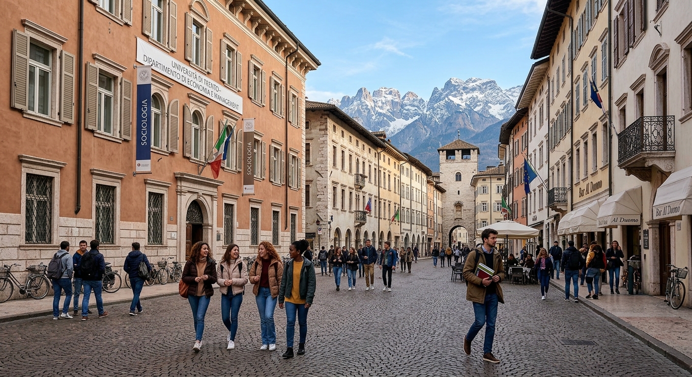 University of Trento city center campus, historic Italian architecture, Department of Economics and Sociology buildings, cobblestone streets, students walking, Alpine mountain backdrop