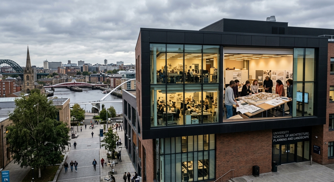 Newcastle University School of Architecture, Planning and Landscape building exterior with modern design studio spaces, students working on urban design models, Newcastle upon Tyne cityscape visible in background, overcast British sky