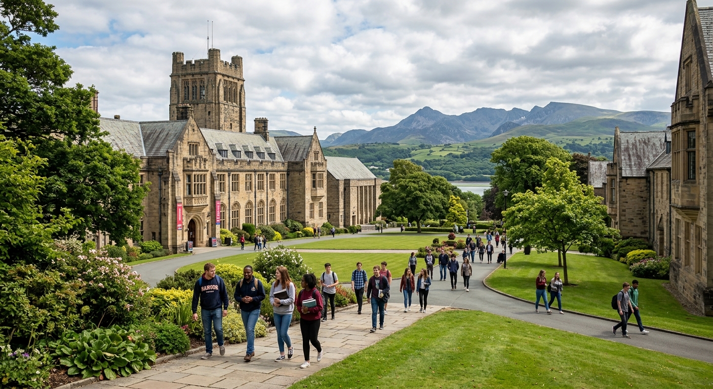Bangor University campus in North Wales with lush green grounds, Snowdonia mountains in the background, and students walking between historic stone buildings under a partly cloudy sky