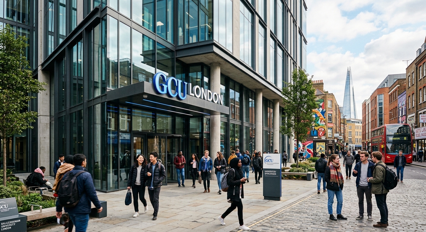 Modern GCU London campus building in Spitalfields, East London, with diverse international students walking through the entrance, contemporary glass architecture, urban London backdrop with nearby Brick Lane visible