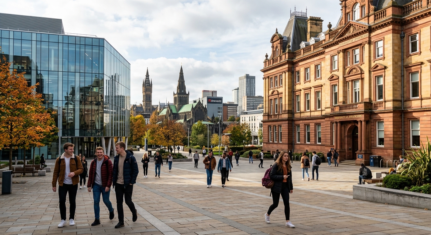 University of Strathclyde campus in Glasgow city centre, historic sandstone buildings alongside modern glass architecture, students walking through campus courtyard with Glasgow skyline in background