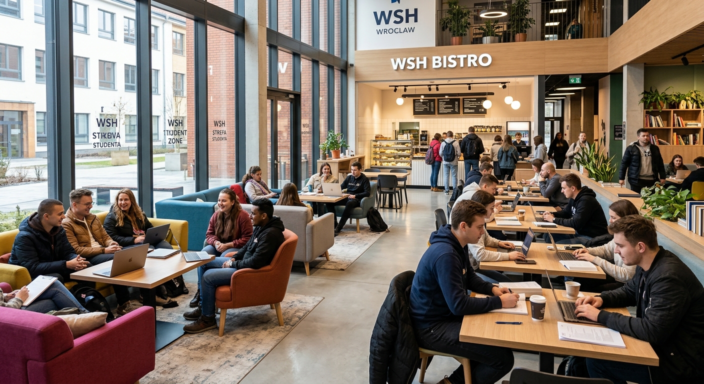 WSH Wroclaw student zone with comfortable seating, a bright cafeteria area, students studying and socializing, modern interior design with natural light