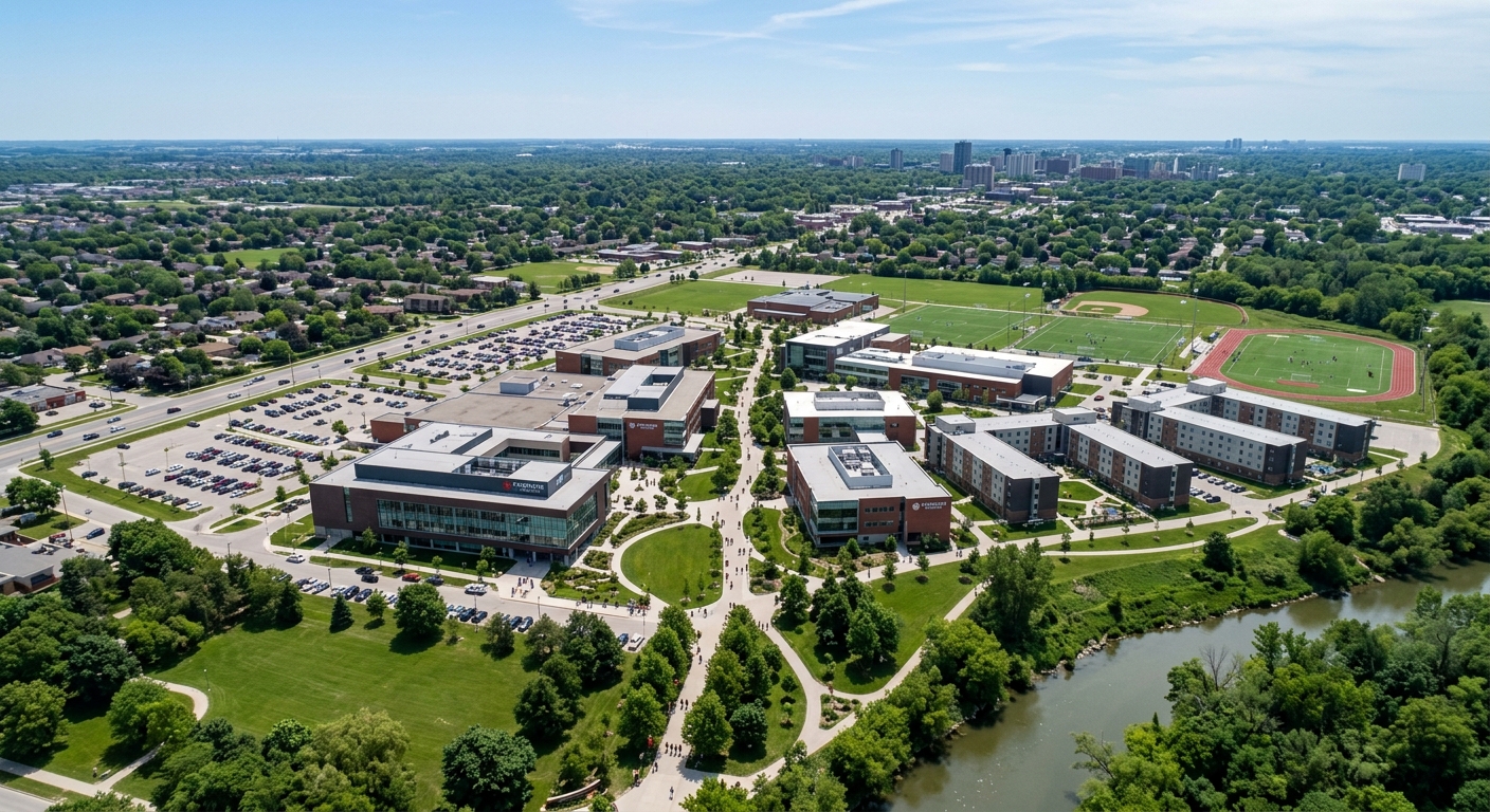 Fanshawe College main London campus aerial view, modern academic buildings spread across 100-acre landscaped grounds, green lawns and tree-lined pathways, Southwestern Ontario setting, clear blue sky