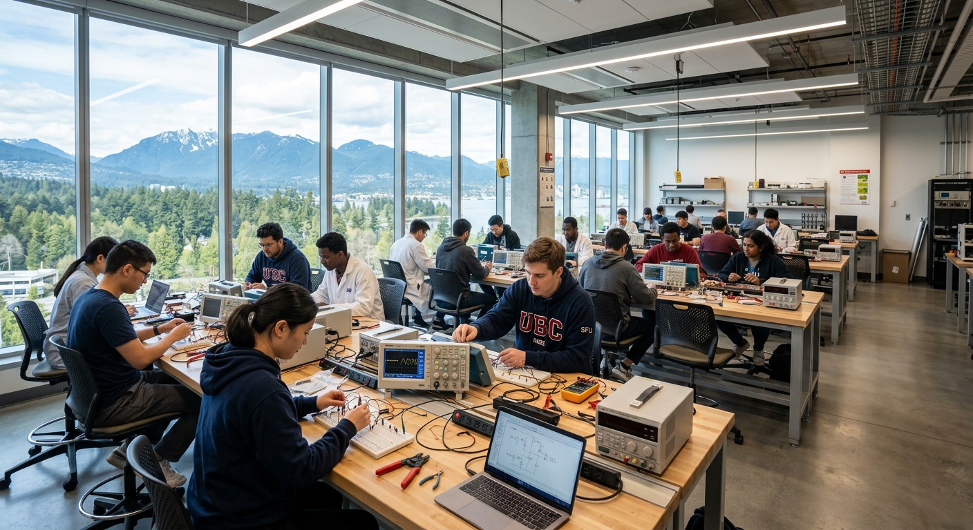 Modern electrical engineering laboratory with students working on circuit boards and oscilloscopes, bright overhead lighting, university campus setting in Vancouver Canada with mountains visible through large windows