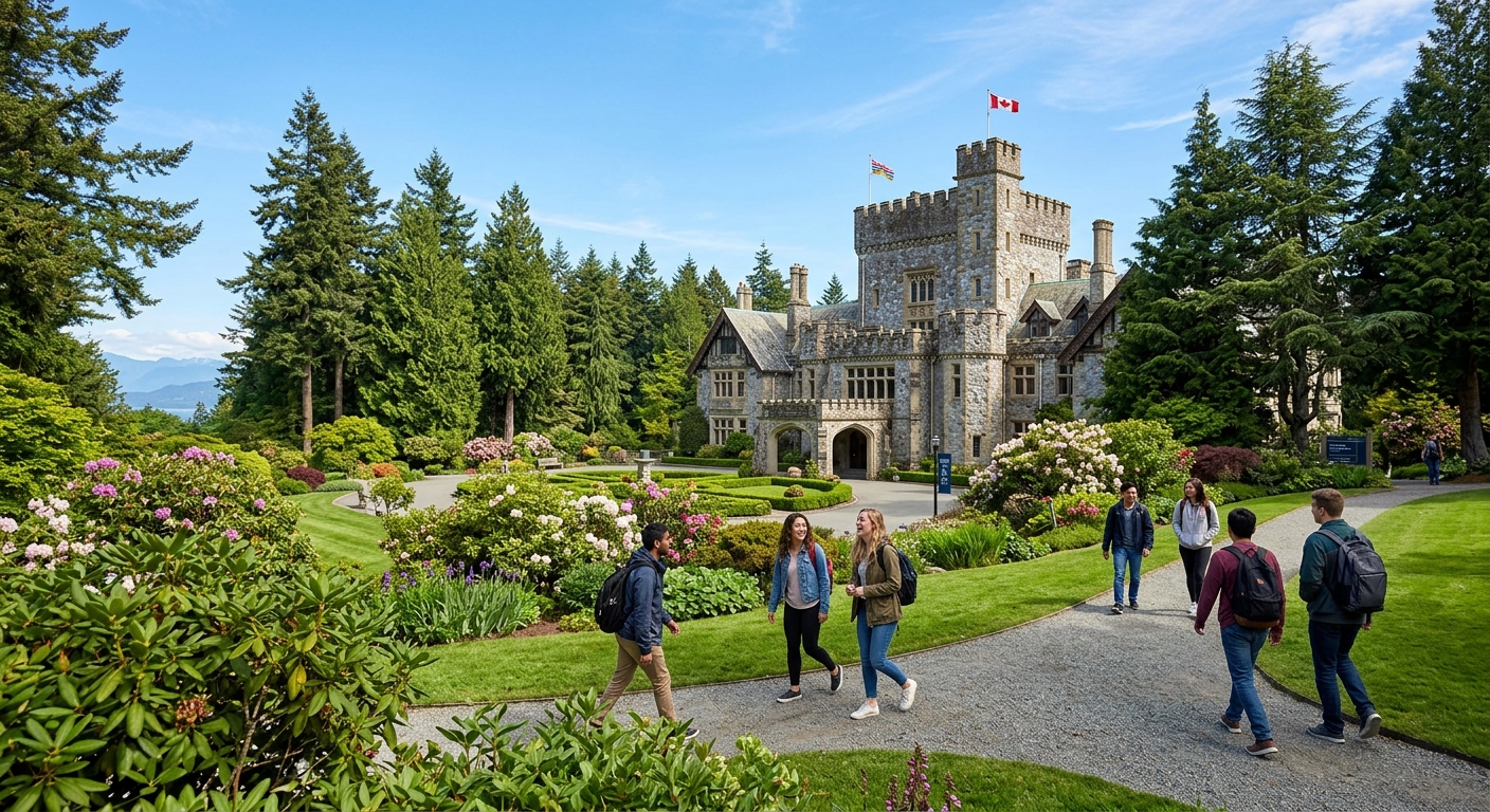 Historic Hatley Castle at Royal Roads University campus in Victoria, British Columbia, surrounded by lush green gardens and tall evergreen trees, with students walking along pathways under a clear sky