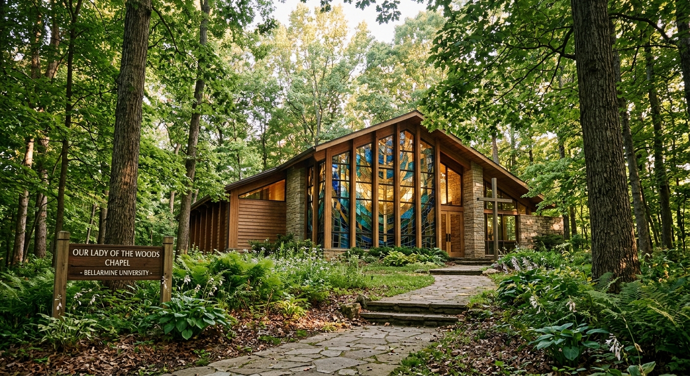 Our Lady of the Woods Chapel at Bellarmine University, peaceful wooded setting, modern chapel architecture with stained glass windows, natural light filtering through trees