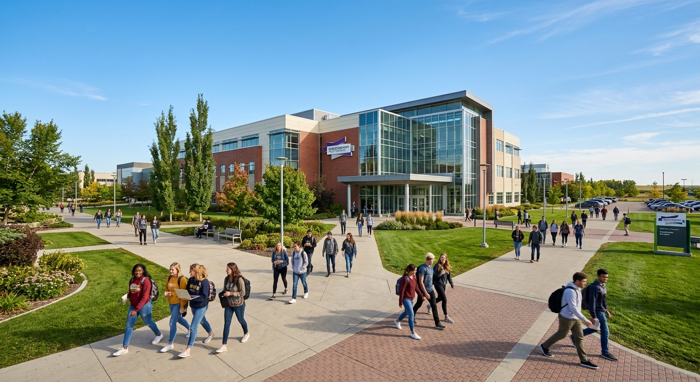 Saskatchewan Polytechnic Saskatoon campus building exterior with students walking on pathways, modern educational facility surrounded by green landscaping under clear prairie sky