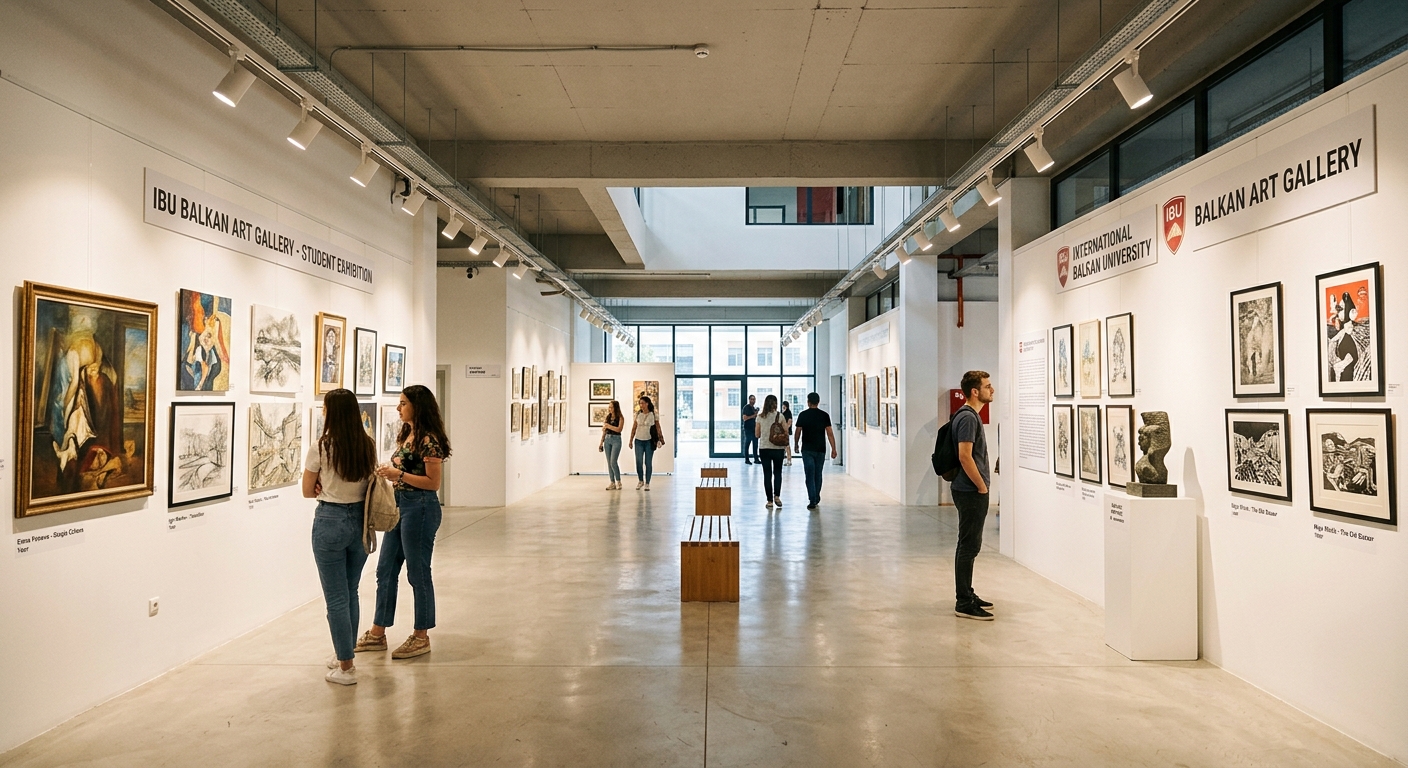 International Balkan University Balkan Art Gallery interior, exhibition space with student artwork displayed on white walls, modern gallery lighting