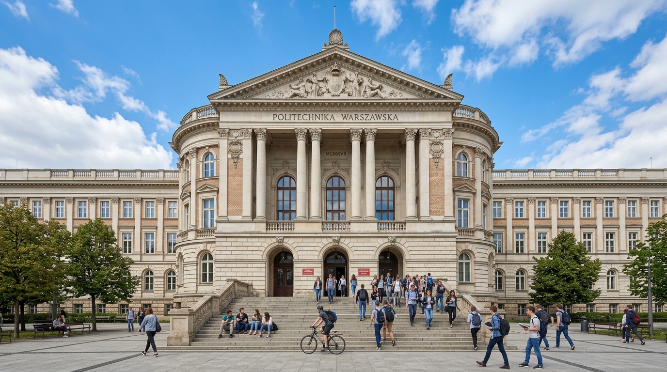 Warsaw University of Technology main building, grand neoclassical facade with tall columns, students on the steps, blue sky, wide-angle architectural photograph