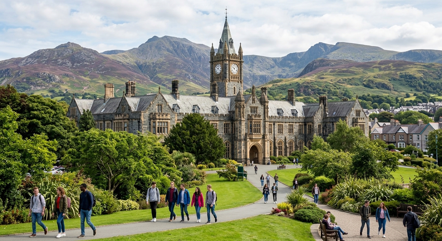 Bangor University historic main building with clock tower set against the mountains of Snowdonia, green campus grounds, students walking along pathways in North Wales, United Kingdom