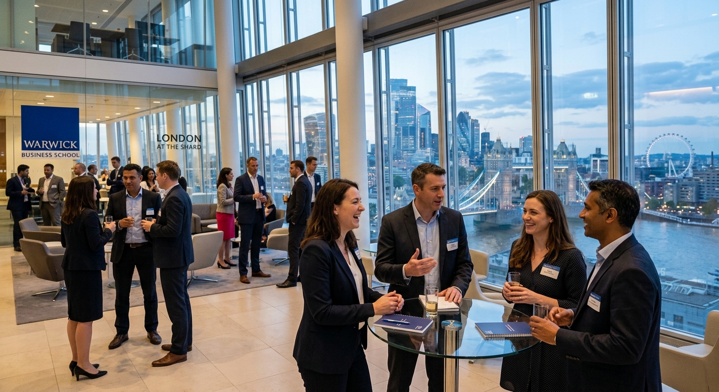 Warwick Business School at The Shard London, modern glass building with city skyline, professional executive students networking in a contemporary business setting with natural light