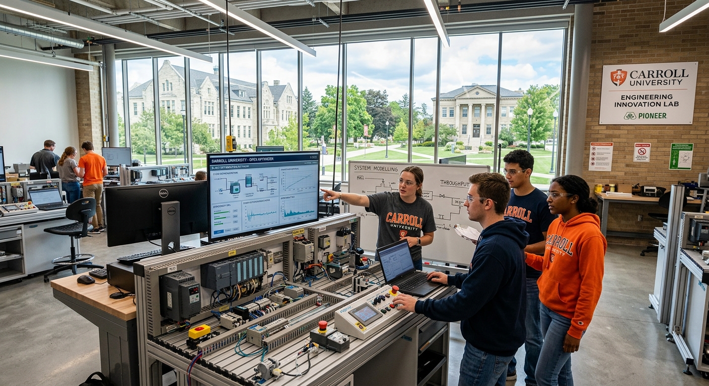 Modern engineering laboratory at Carroll University campus in Waukesha Wisconsin, students collaborating around industrial systems workstations with data displays and optimization software, bright natural light streaming through large windows, suburban campus setting with historic limestone buildings visible outside